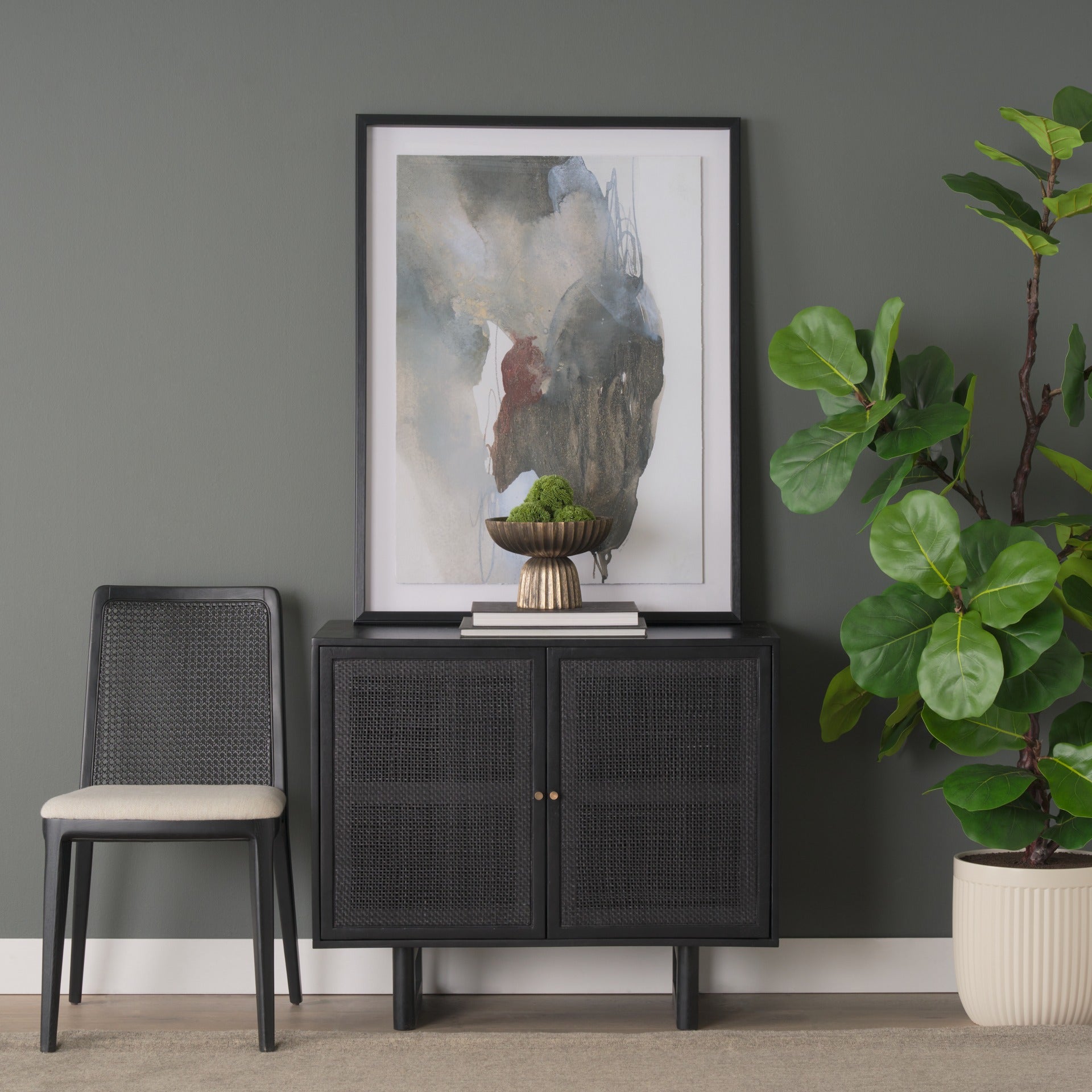 Grier Matte Black Stained Wood w/ Black Cane Accent Cabinet - Dekor Butik