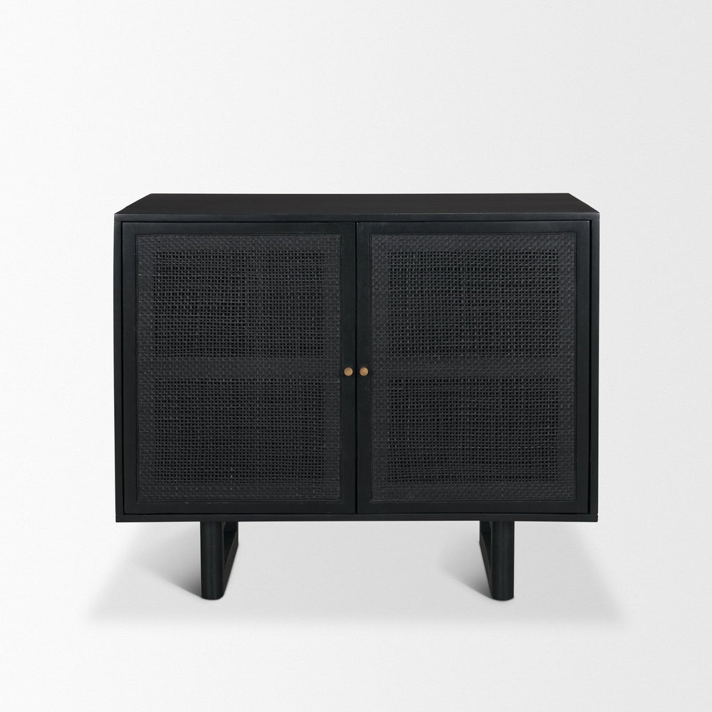 Grier Matte Black Stained Wood w/ Black Cane Accent Cabinet - Dekor Butik