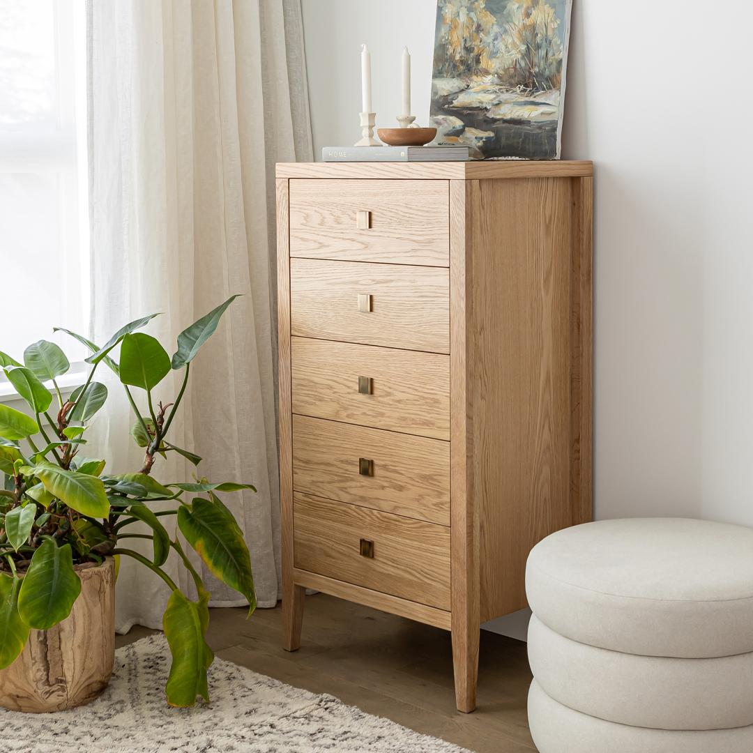 baseHara 5 Drawer Tall Dresser - Natural Oak - Dekor Butik