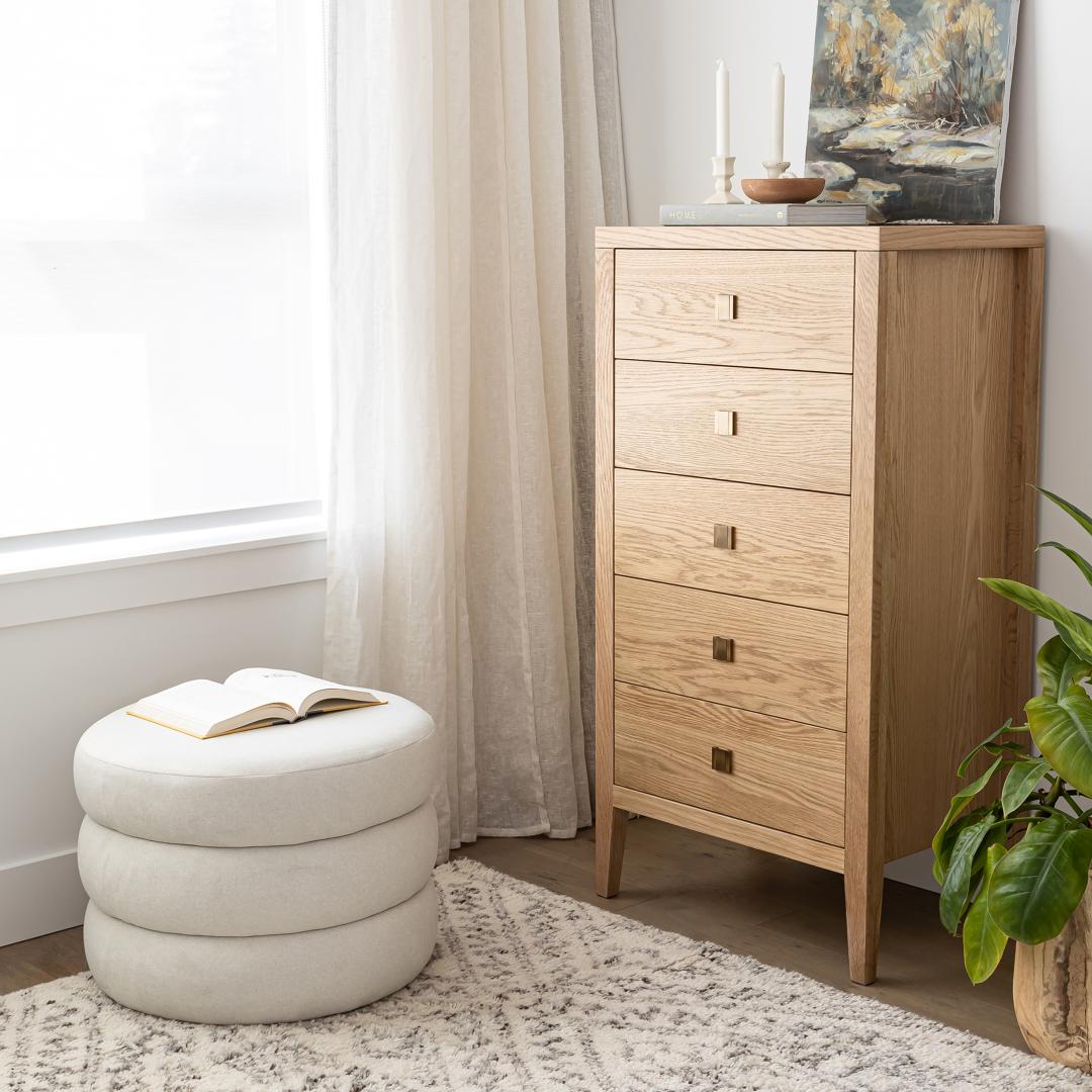 baseHara 5 Drawer Tall Dresser - Natural Oak - Dekor Butik