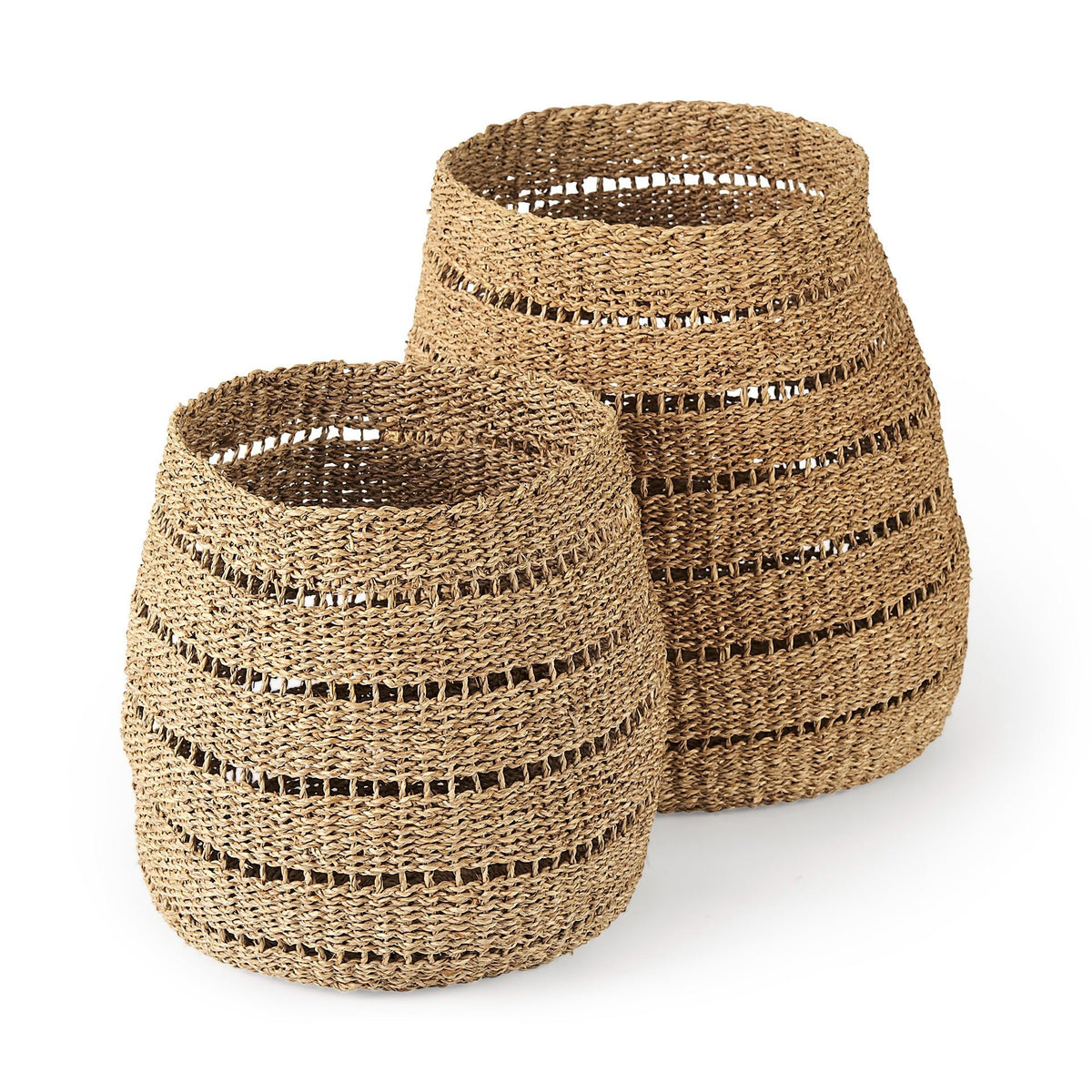 Hayes 17.7L x 17.7W x 11.8H (Set of 2) Medium Brown Seagrass Round Basket with Stripe Pattern - Dekor Butik