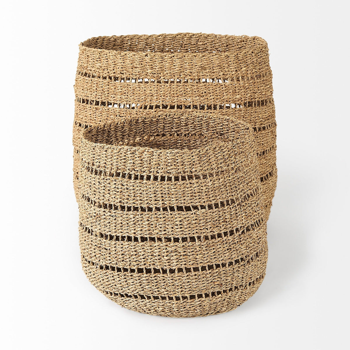 Hayes 17.7L x 17.7W x 11.8H (Set of 2) Medium Brown Seagrass Round Basket with Stripe Pattern - Dekor Butik