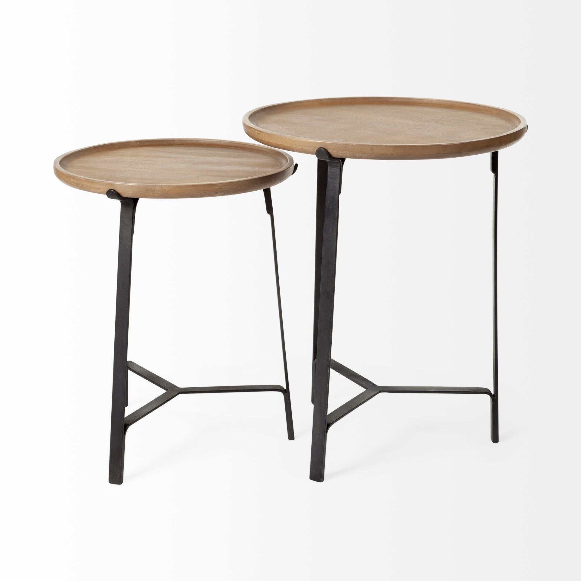 Helios III 20L x 24H Set of Two Round Brown Solid Wood Iron Base Nesting End/Side Tables - Dekor Butik