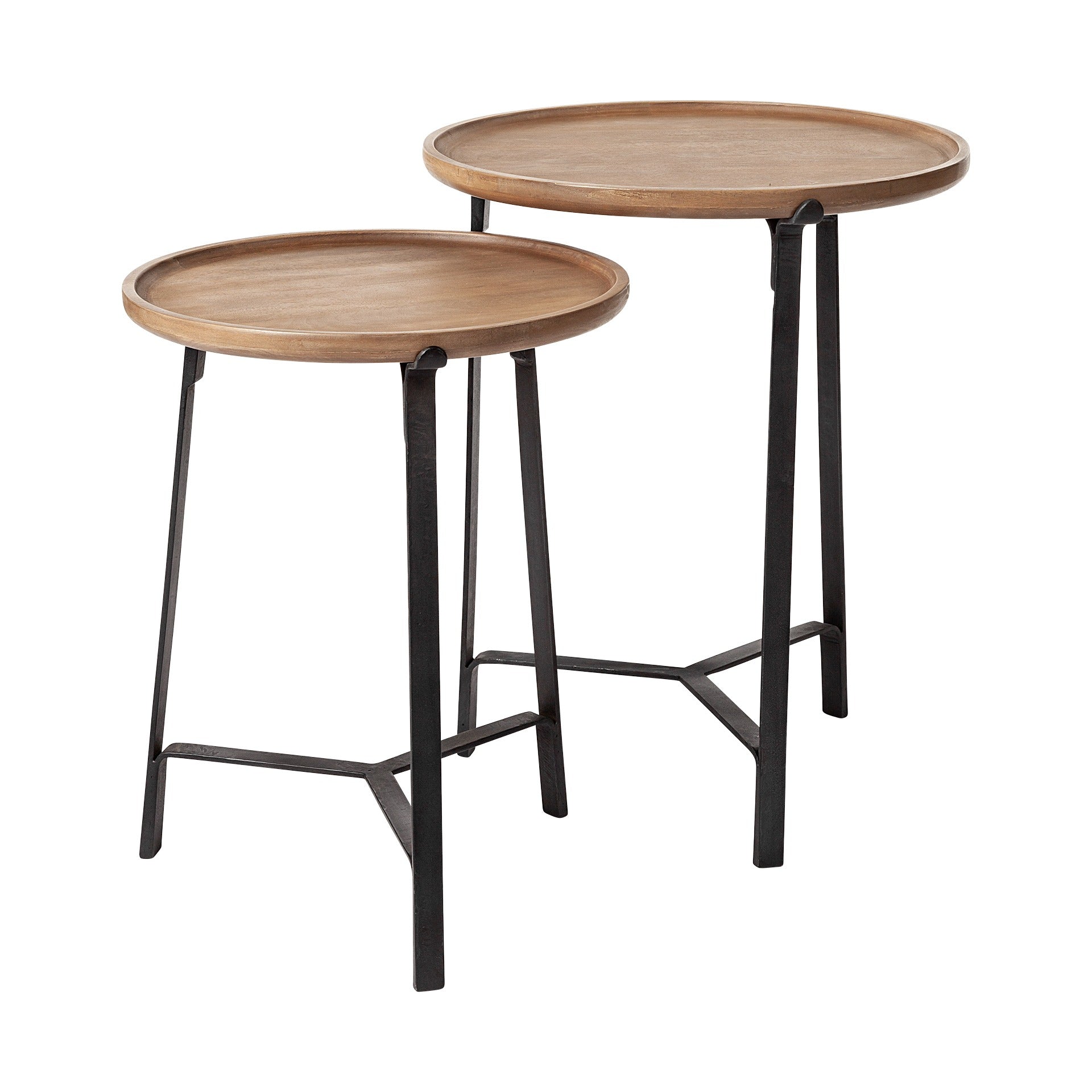 Helios III 20L x 24H Set of Two Round Brown Solid Wood Iron Base Nesting End/Side Tables - Dekor Butik