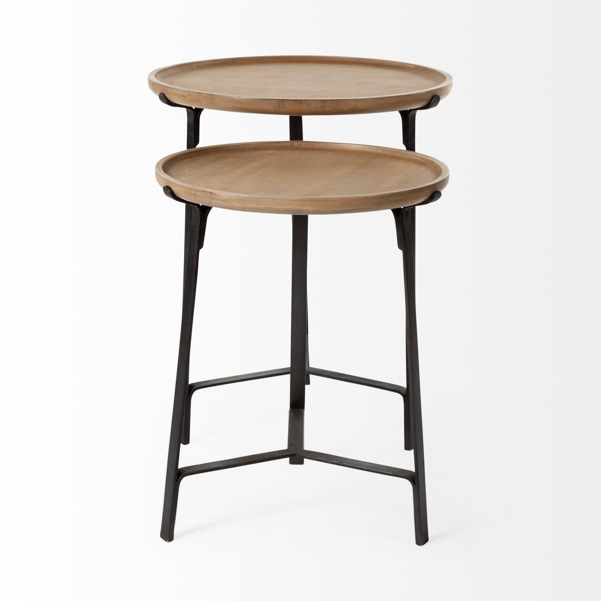 Helios III 20L x 24H Set of Two Round Brown Solid Wood Iron Base Nesting End/Side Tables - Dekor Butik