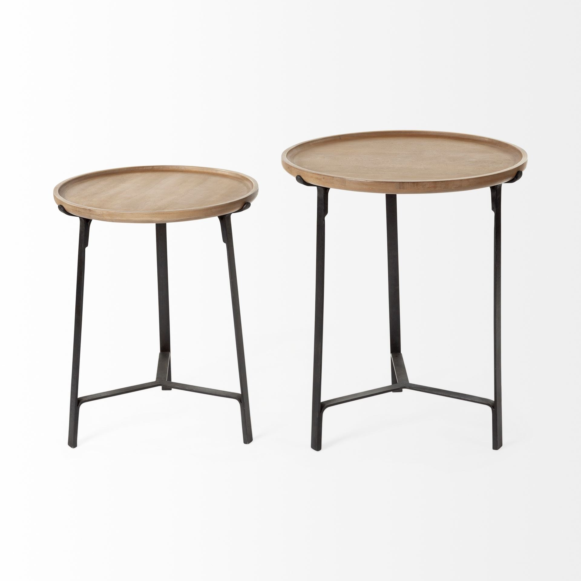 Helios III 20L x 24H Set of Two Round Brown Solid Wood Iron Base Nesting End/Side Tables - Dekor Butik