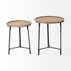 Helios III 20L x 24H Set of Two Round Brown Solid Wood Iron Base Nesting End/Side Tables - Dekor Butik