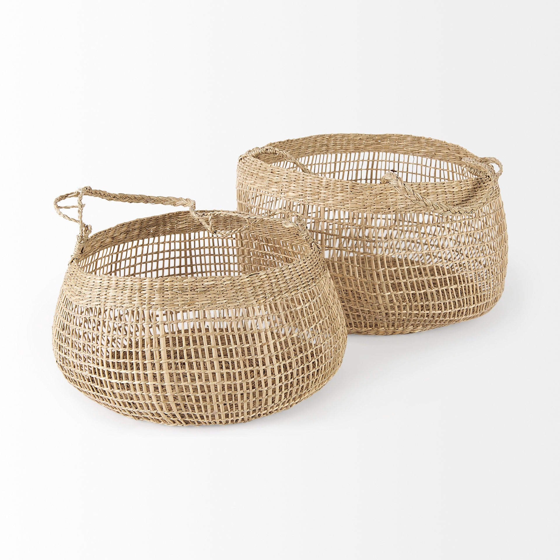 Nova 15.0L x 15.0W x 9.4H (Set of 2) Light Brown Seagrass Woven Round Basket W/ Long Handle