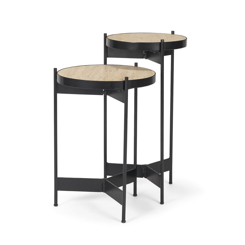 Wade Travertine Marble w/ Matte Black Metal End Tables SET OF 2