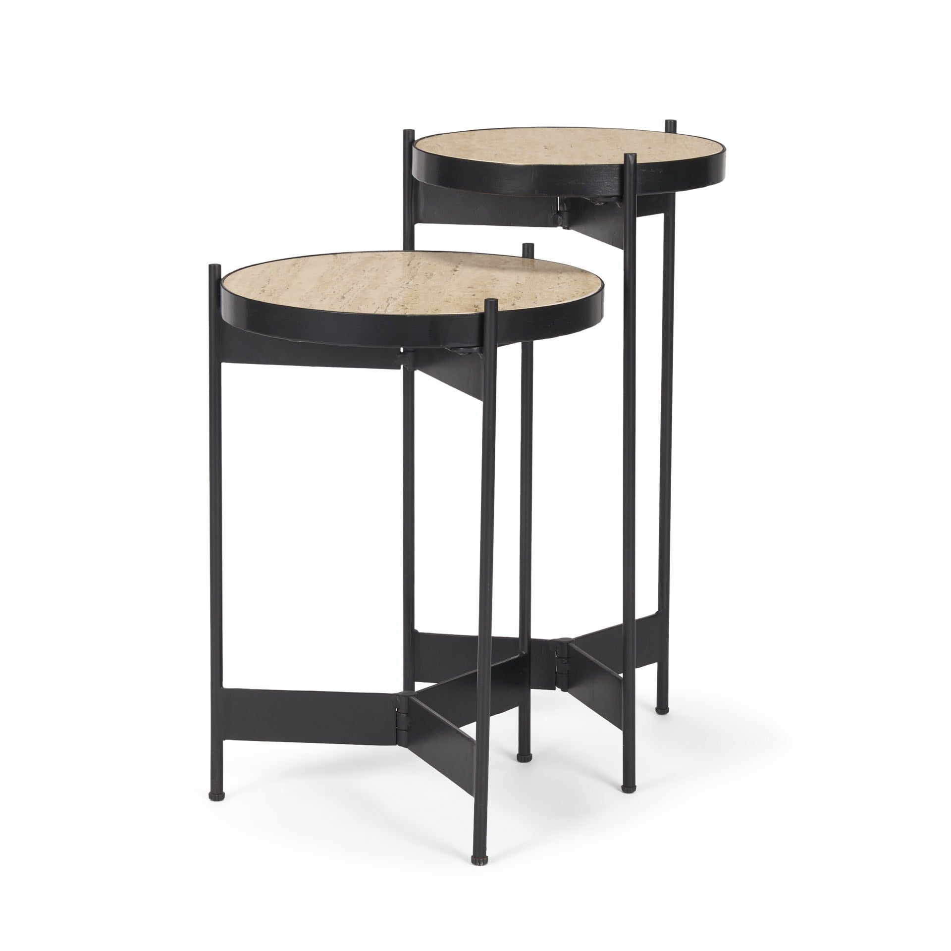 Wade Travertine Marble w/ Matte Black Metal End Tables SET OF 2
