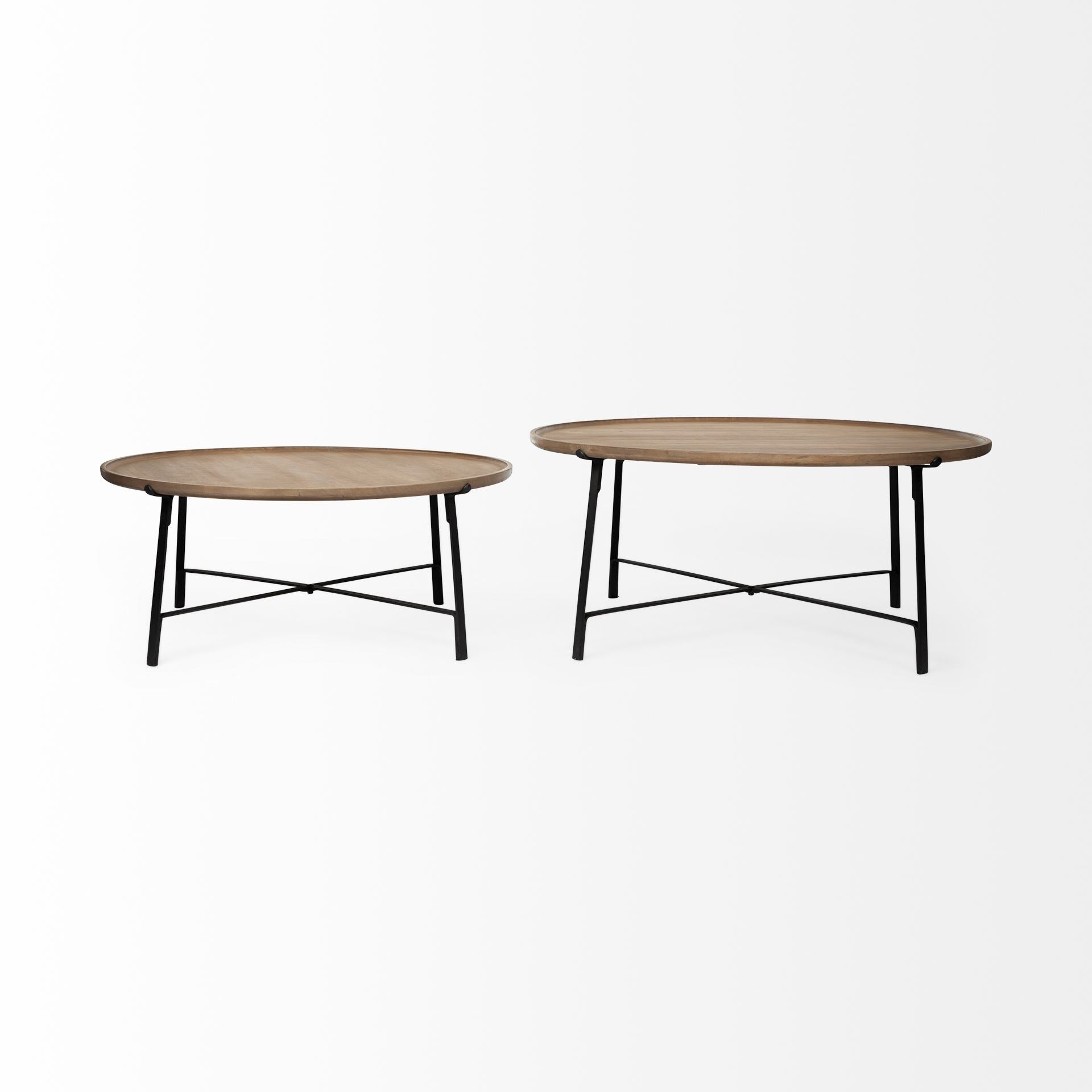 Helios (Set of 2) Brown Solid Wood Top Black Metal Base Nesting Coffee Tables