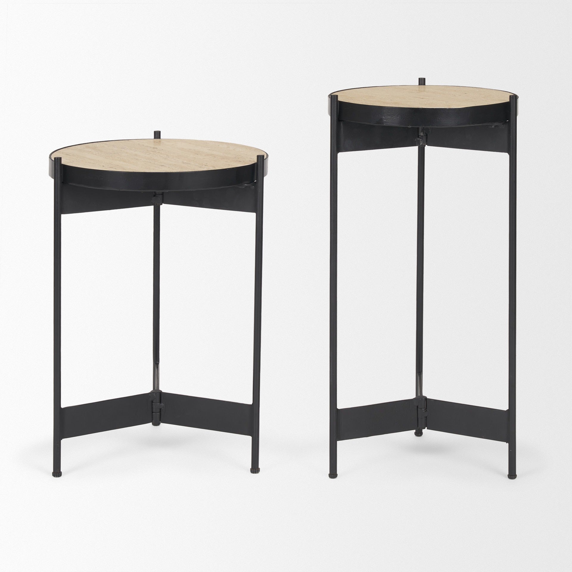 Wade Travertine Marble w/ Matte Black Metal End Tables SET OF 2