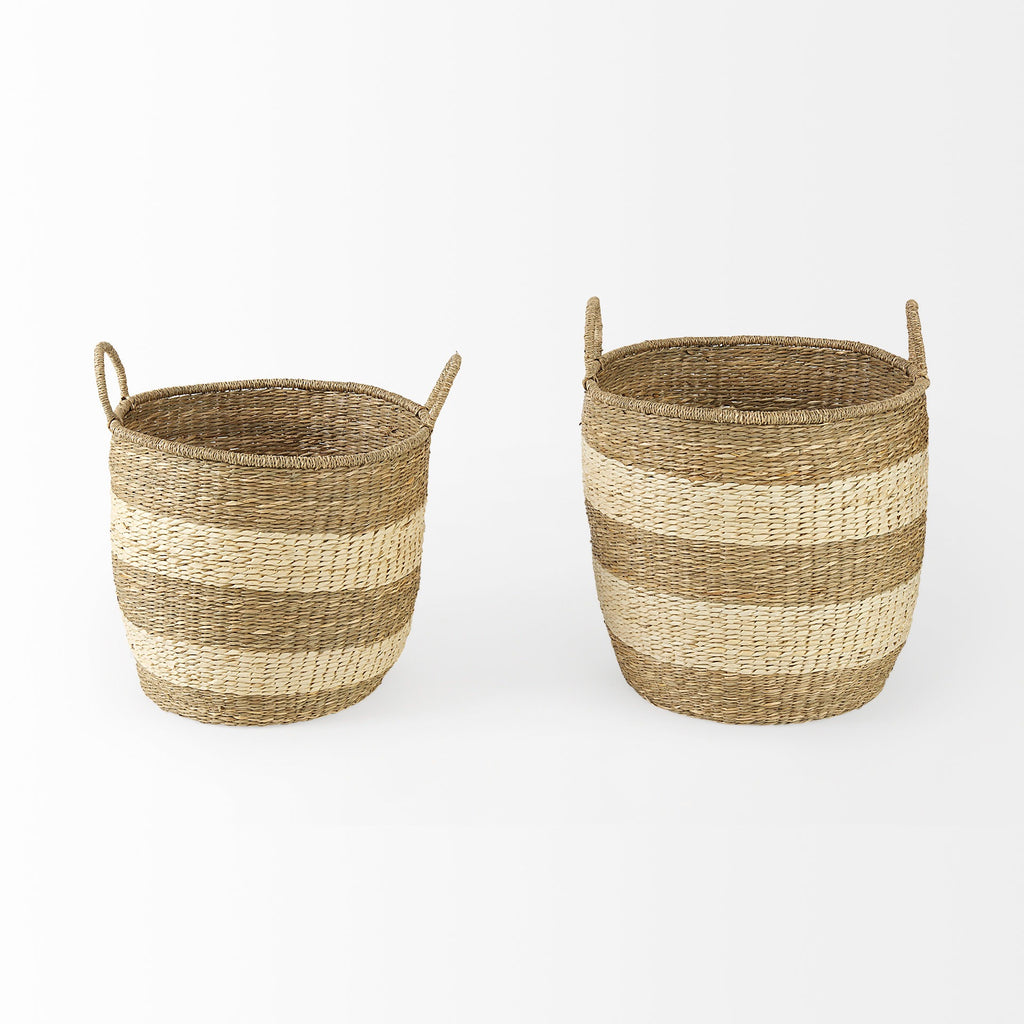 Bradley 18.1L x 18.1W x 16.0H (Set of 2) Light Brown W/Striped Seagrass Basket W/ Handles