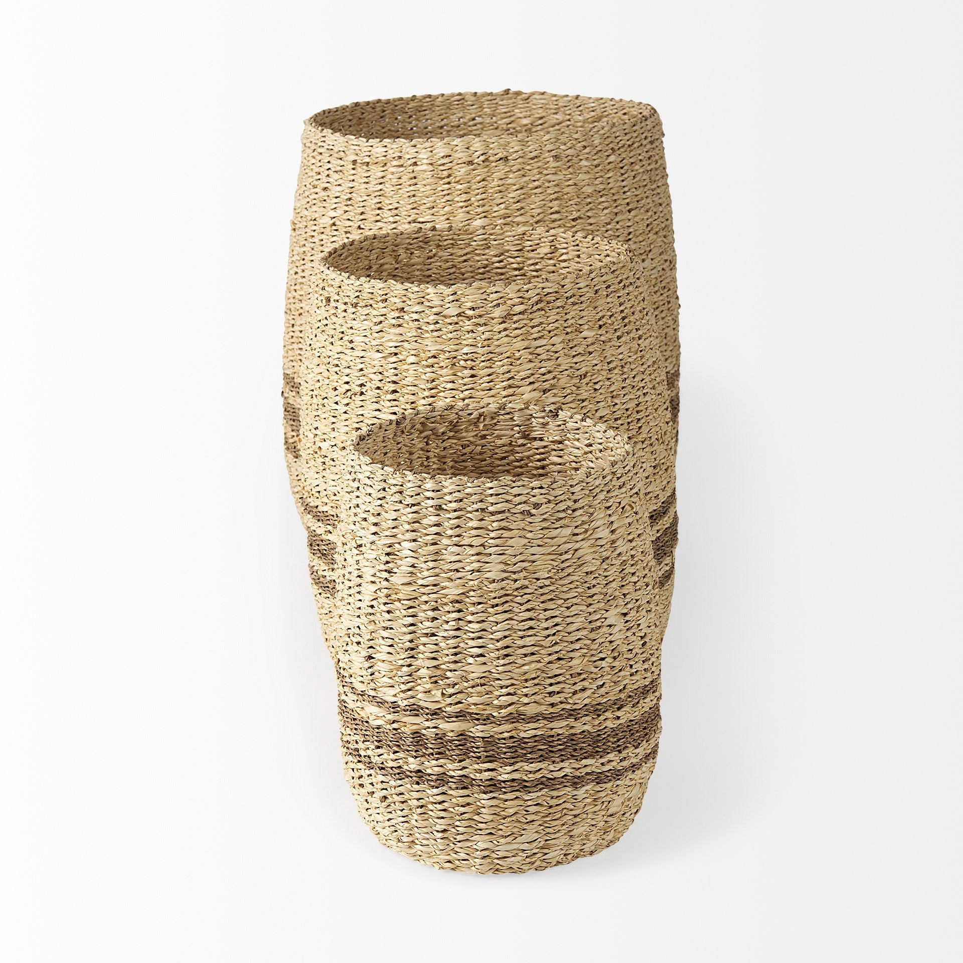 Sivannah 19.7L x 19.7W x 23.6H (Set of 3) Light Brown and Medium Brown Striped Seagrass Round Basket