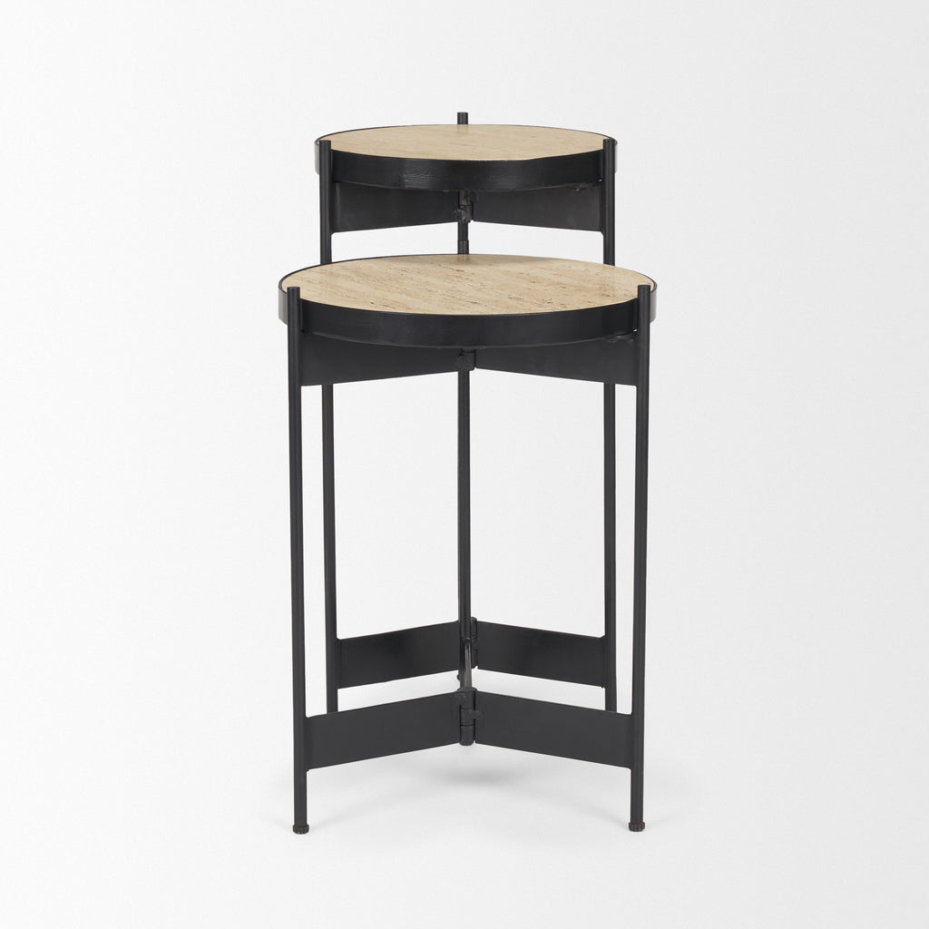 Wade Travertine Marble w/ Matte Black Metal End Tables SET OF 2