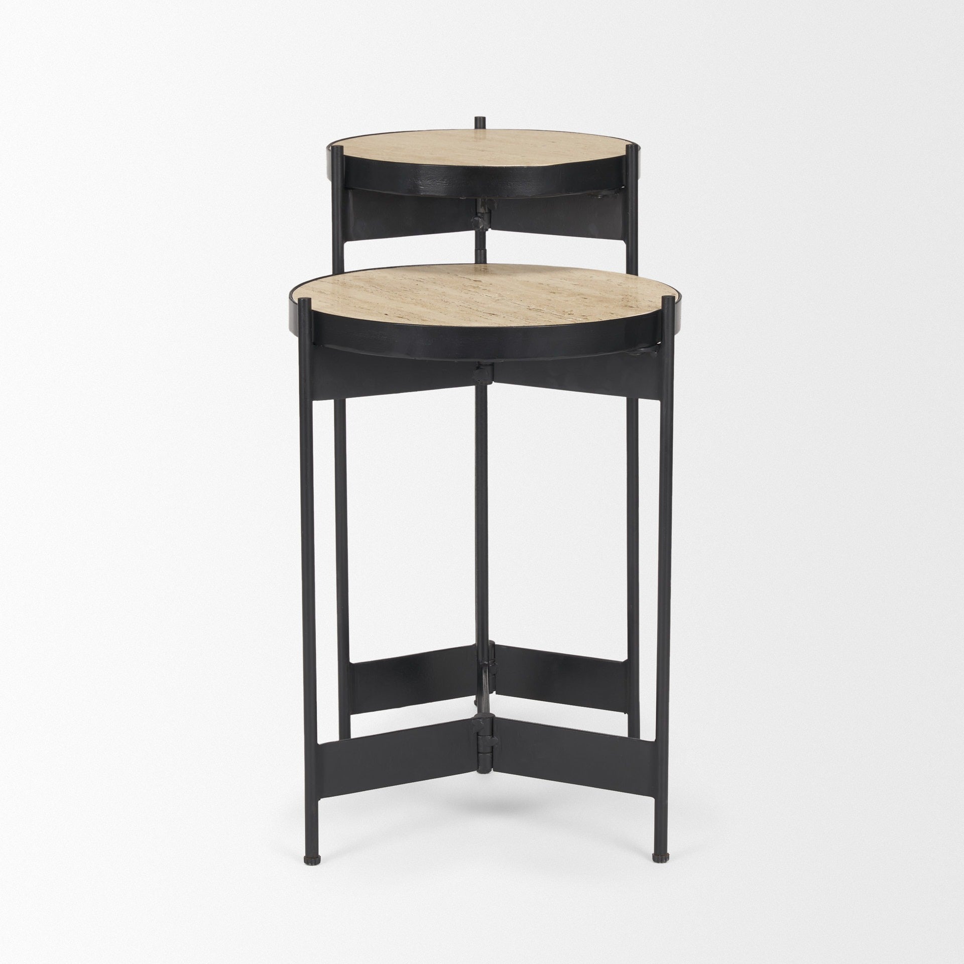 Wade Travertine Marble w/ Matte Black Metal End Tables SET OF 2