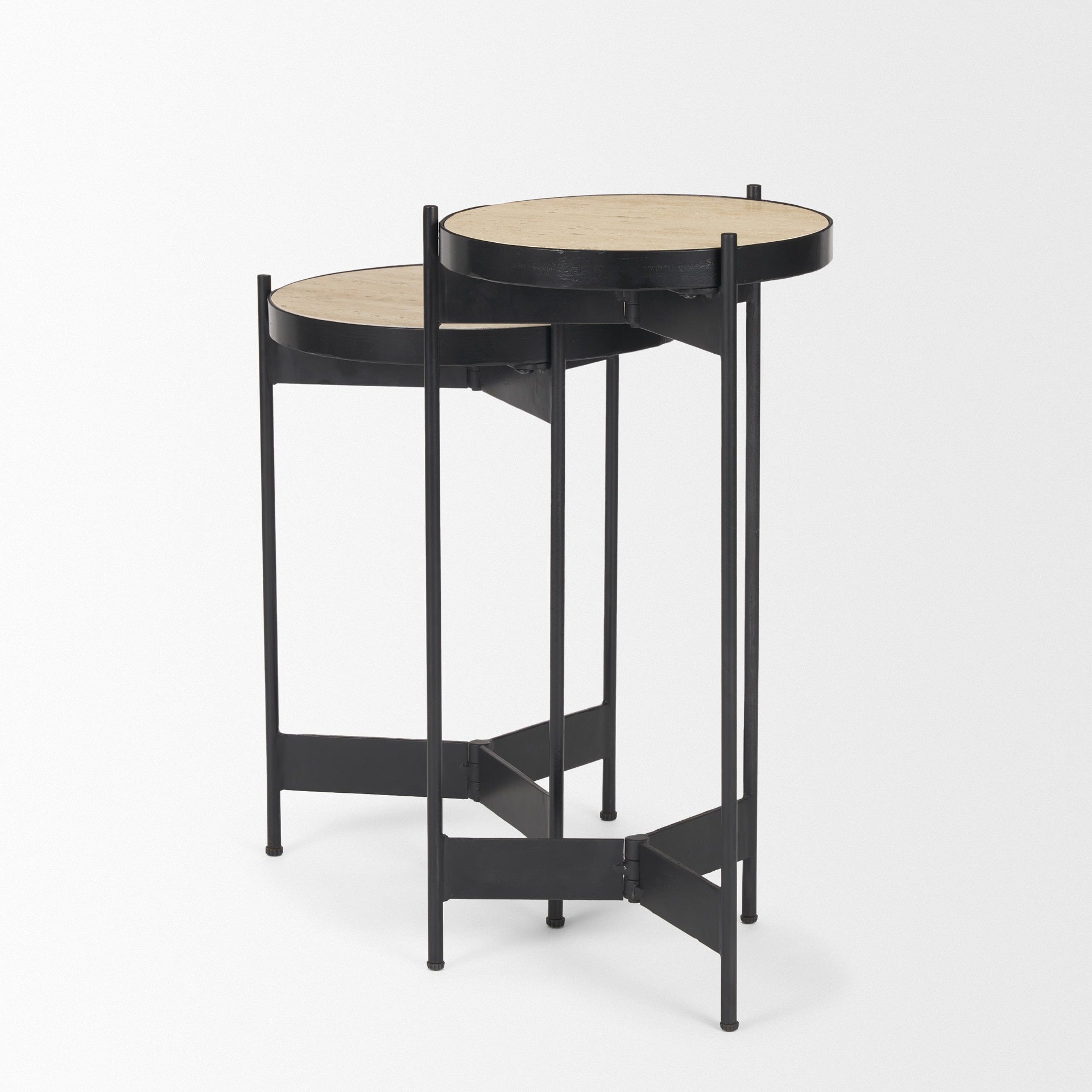 Wade Travertine Marble w/ Matte Black Metal End Tables SET OF 2
