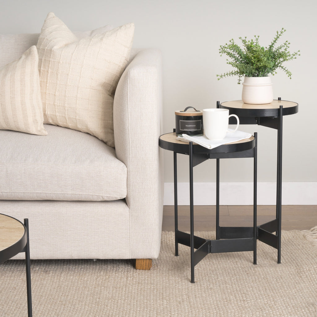 Wade Travertine Marble w/ Matte Black Metal End Tables SET OF 2