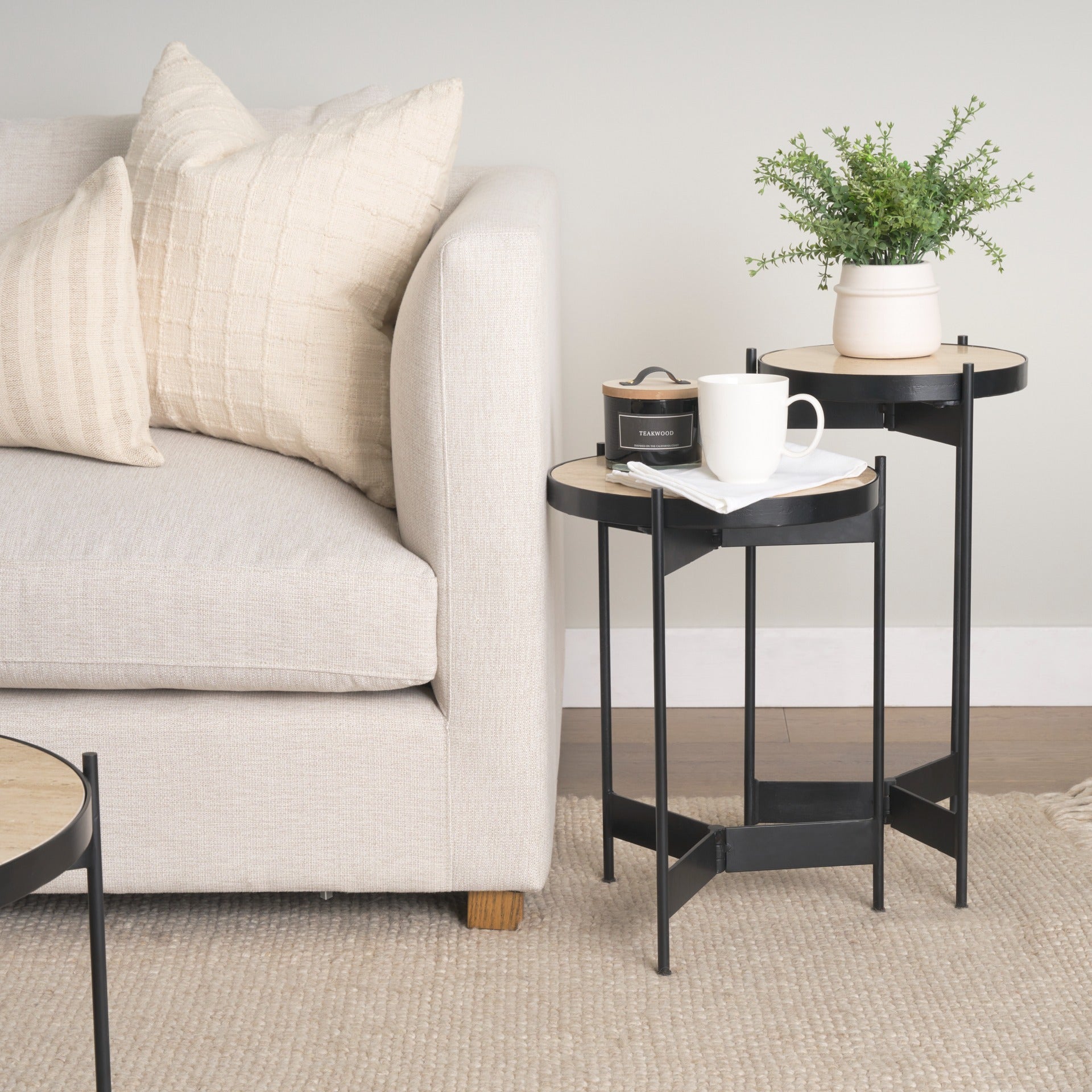 Wade Travertine Marble w/ Matte Black Metal End Tables SET OF 2