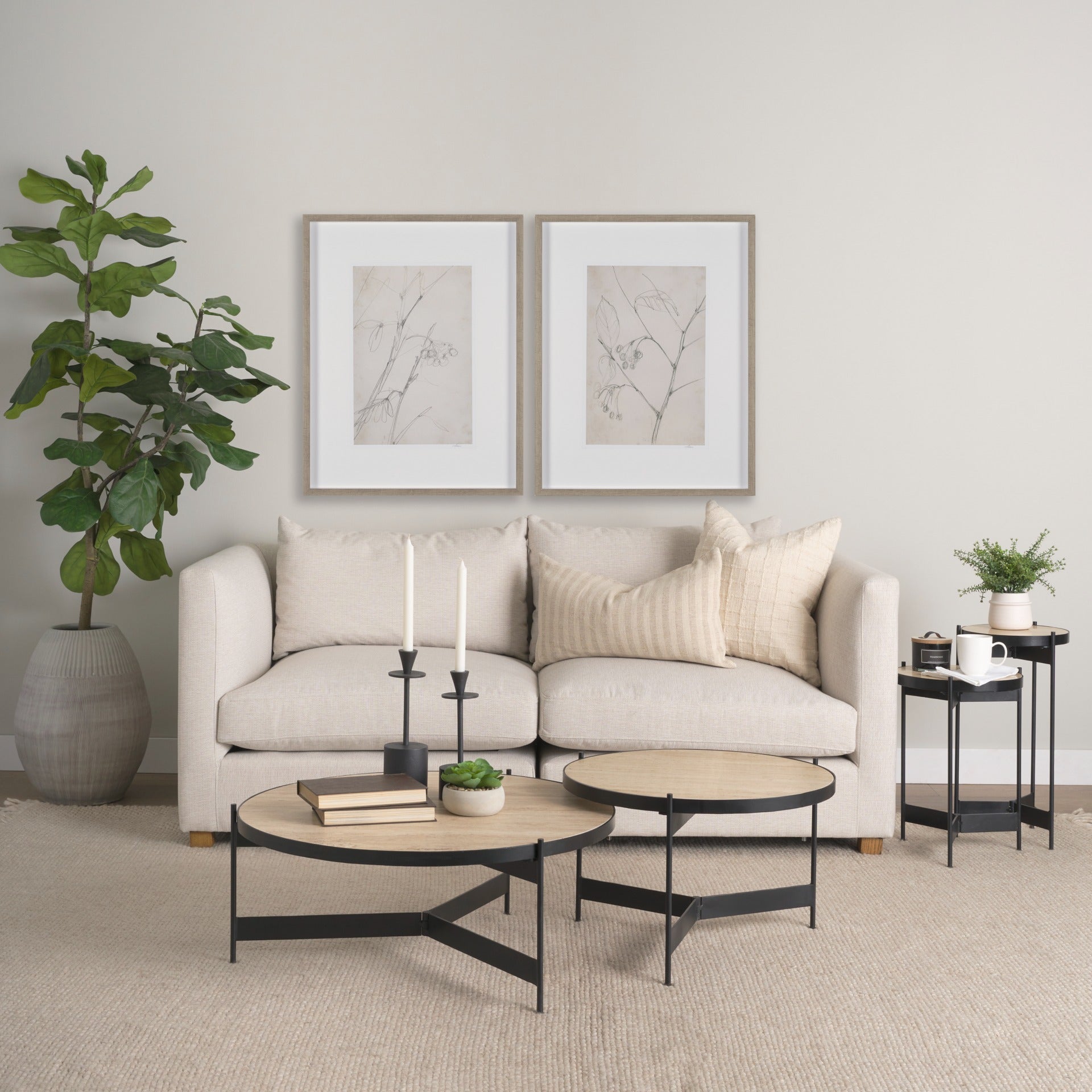 Wade Travertine Marble w/ Matte Black Metal End Tables SET OF 2