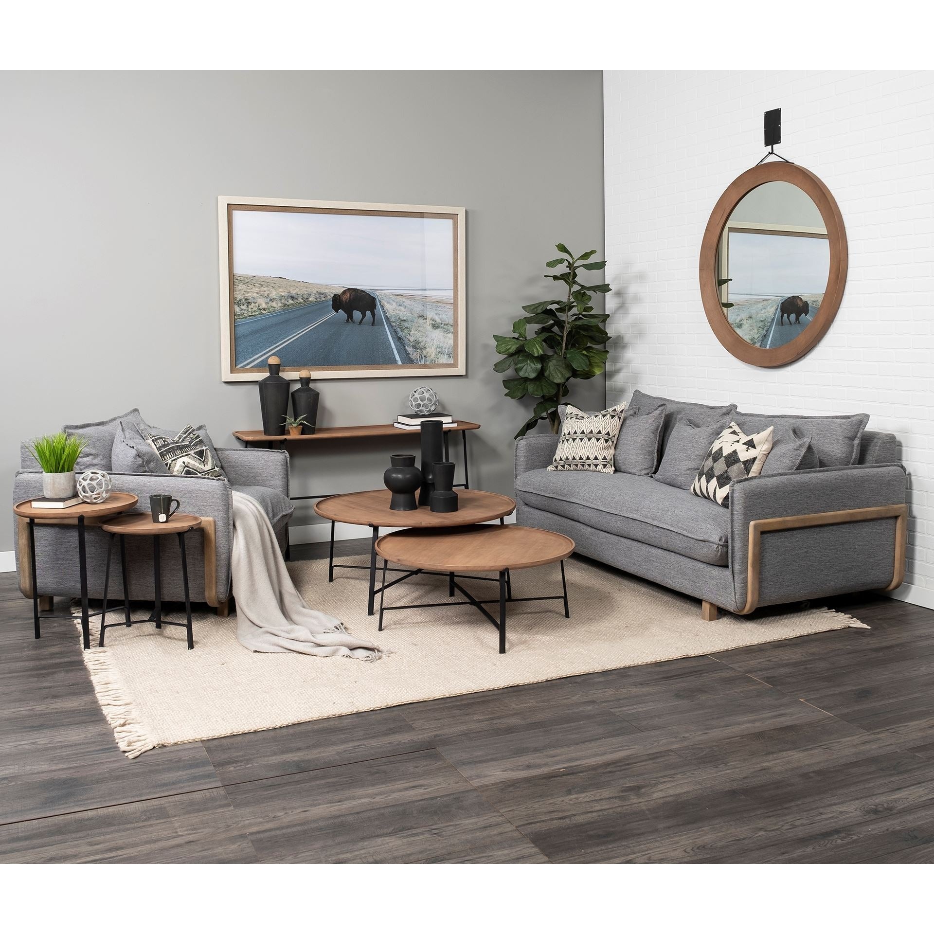 Helios III 20L x 24H Set of Two Round Brown Solid Wood Iron Base Nesting End/Side Tables