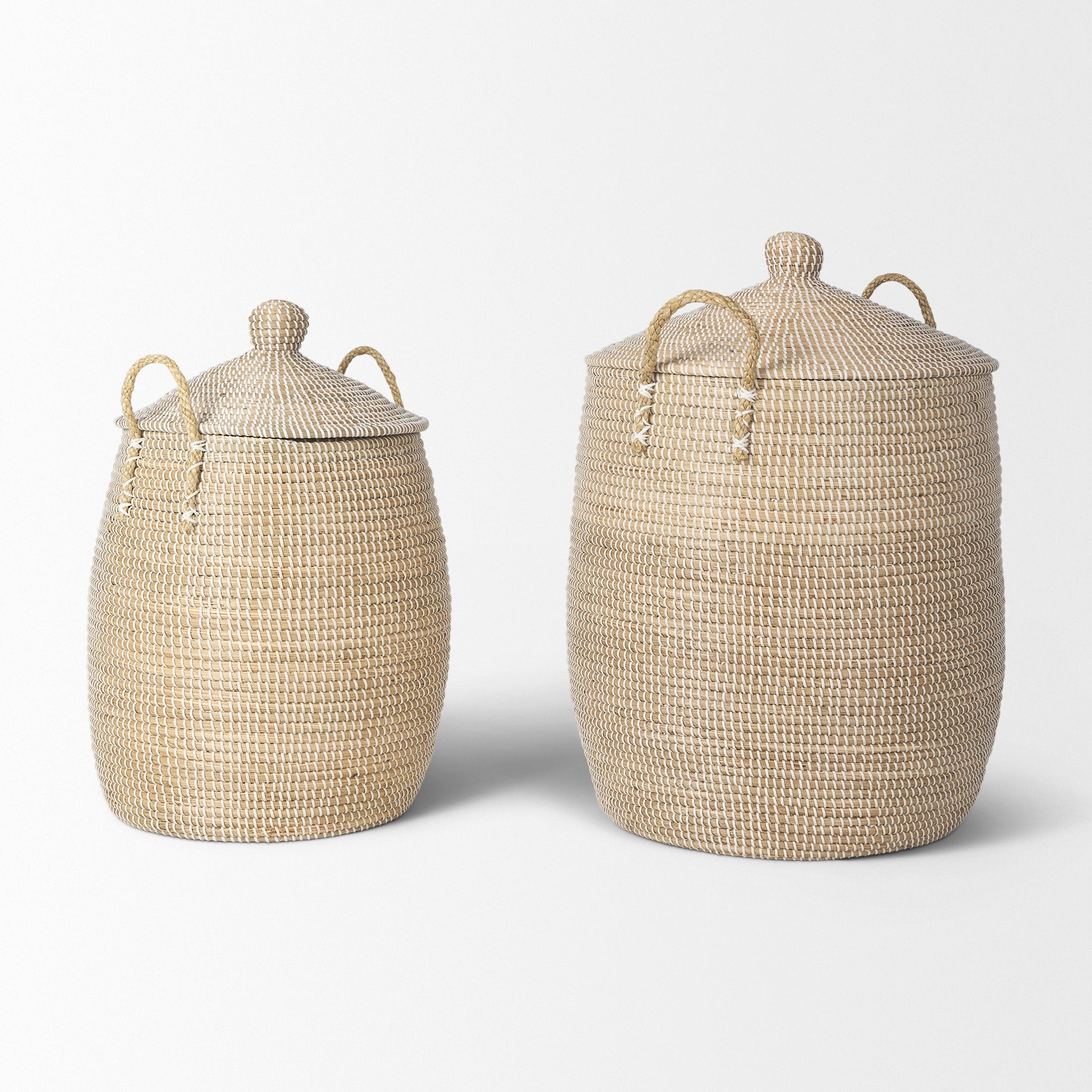 Kairi Set of 2 Seagrass Floor Baskets w/ Lids and Handles - Dekor Butik