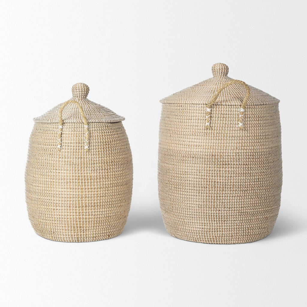 Kairi Set of 2 Seagrass Floor Baskets w/ Lids and Handles - Dekor Butik