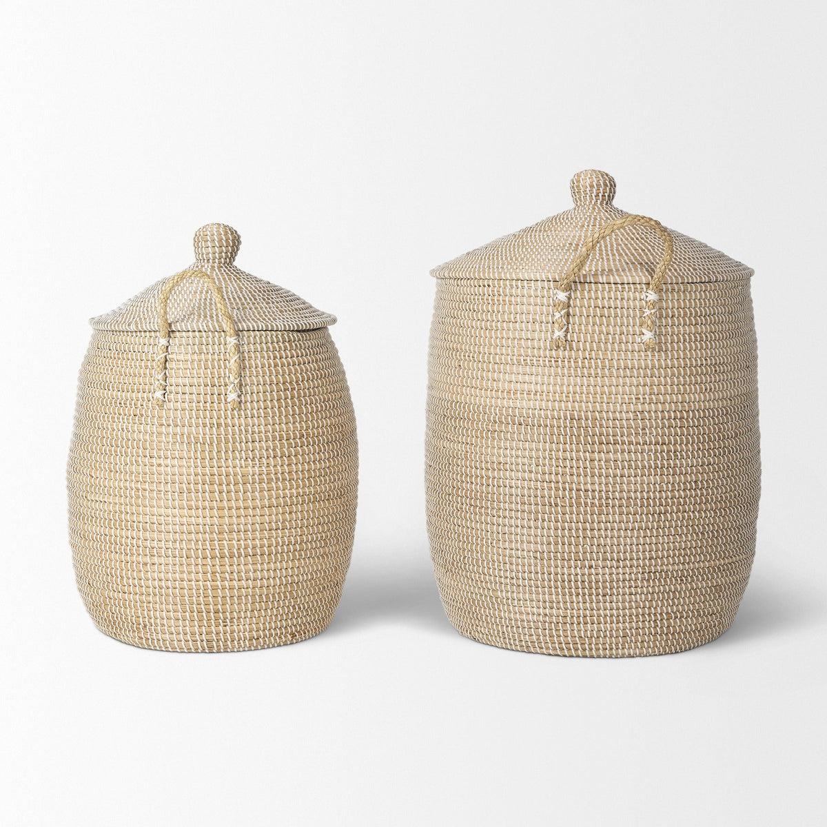 Kairi Set of 2 Seagrass Floor Baskets w/ Lids and Handles - Dekor Butik