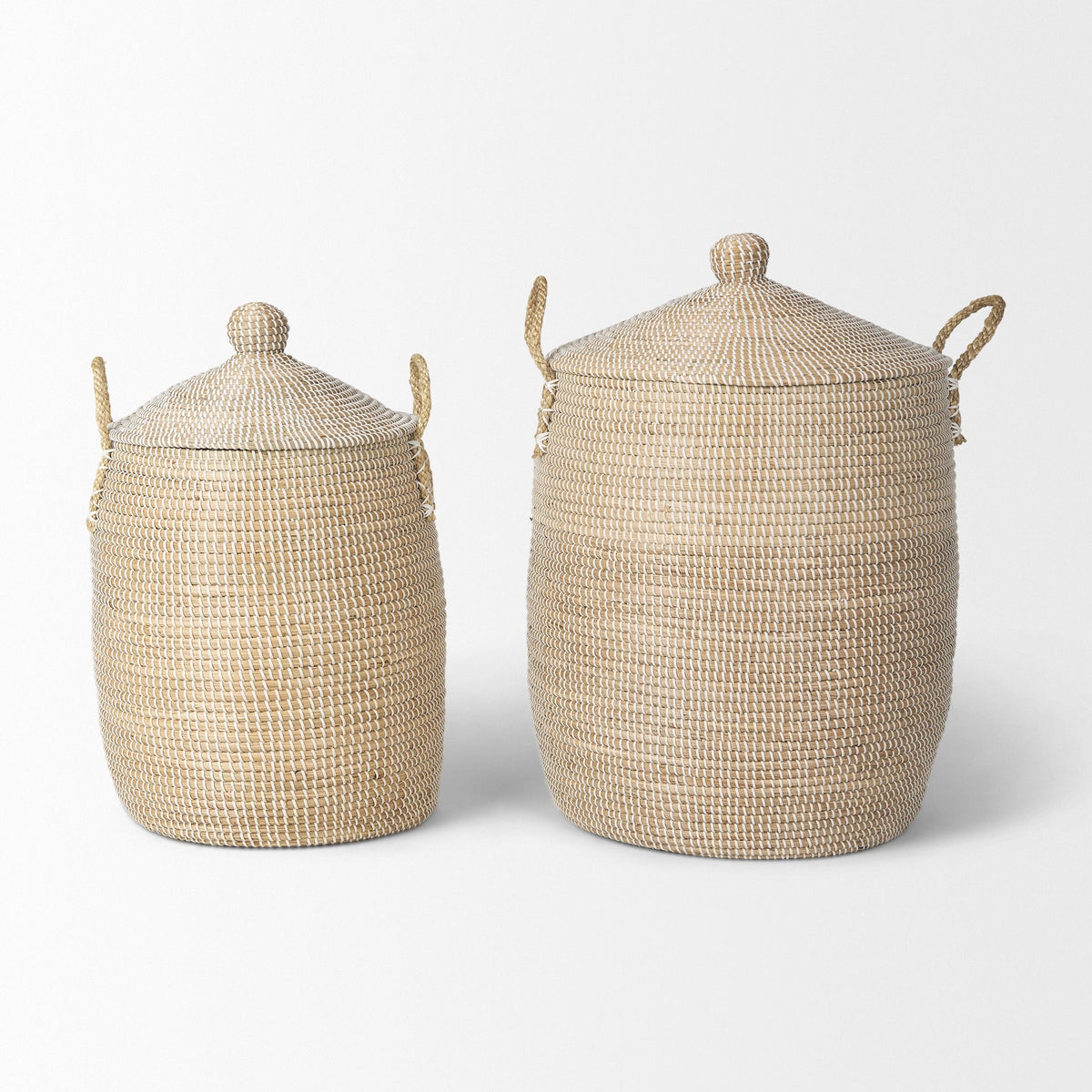 Kairi Set of 2 Seagrass Floor Baskets w/ Lids and Handles - Dekor Butik