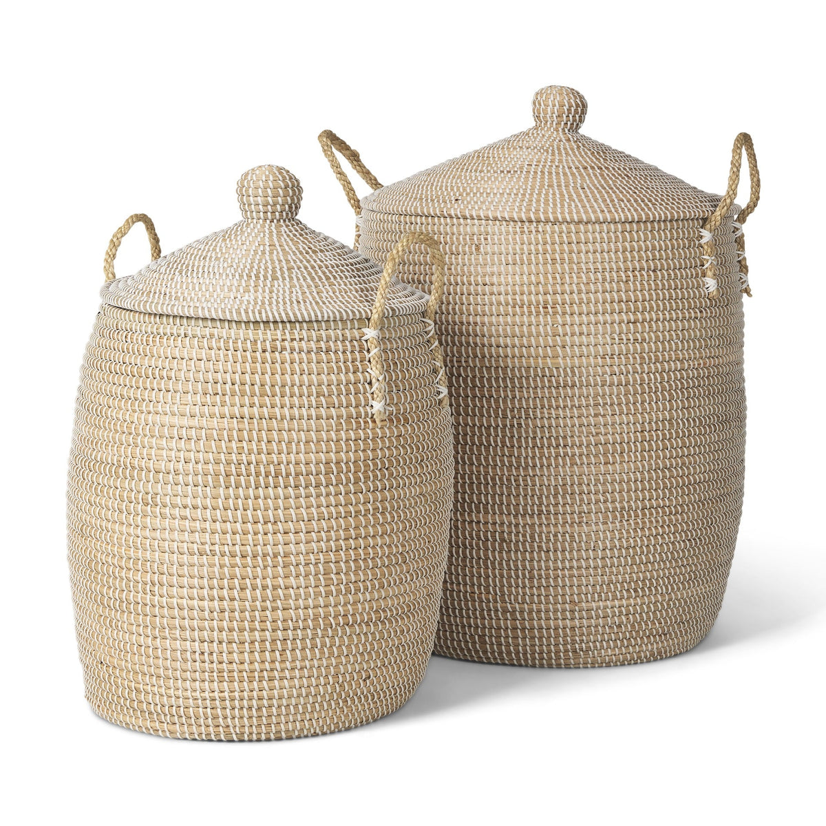 Kairi Set of 2 Seagrass Floor Baskets w/ Lids and Handles - Dekor Butik