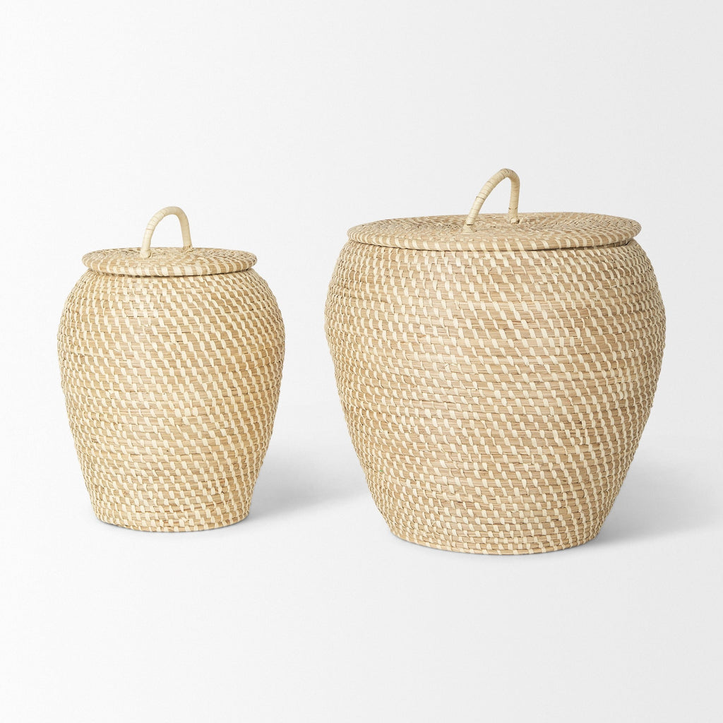 Kalopa Set of 2 Seagrass Floor Baskets w/ Flat Handled Lid - Dekor Butik