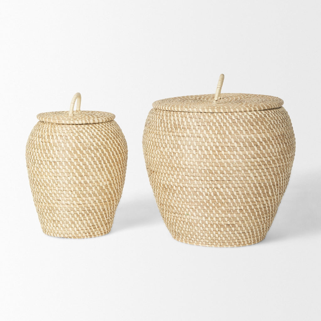 Kalopa Set of 2 Seagrass Floor Baskets w/ Flat Handled Lid - Dekor Butik