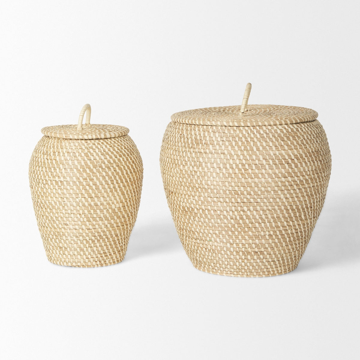 Kalopa Set of 2 Seagrass Floor Baskets w/ Flat Handled Lid - Dekor Butik