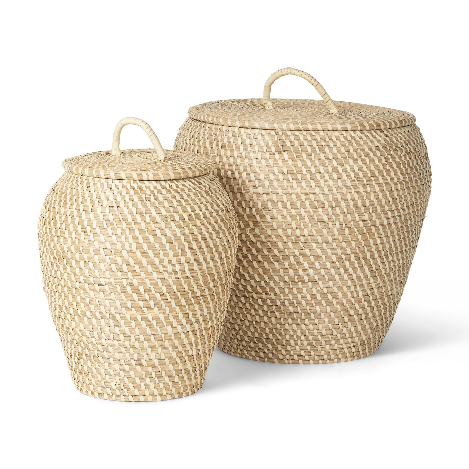 Kalopa Set of 2 Seagrass Floor Baskets w/ Flat Handled Lid - Dekor Butik