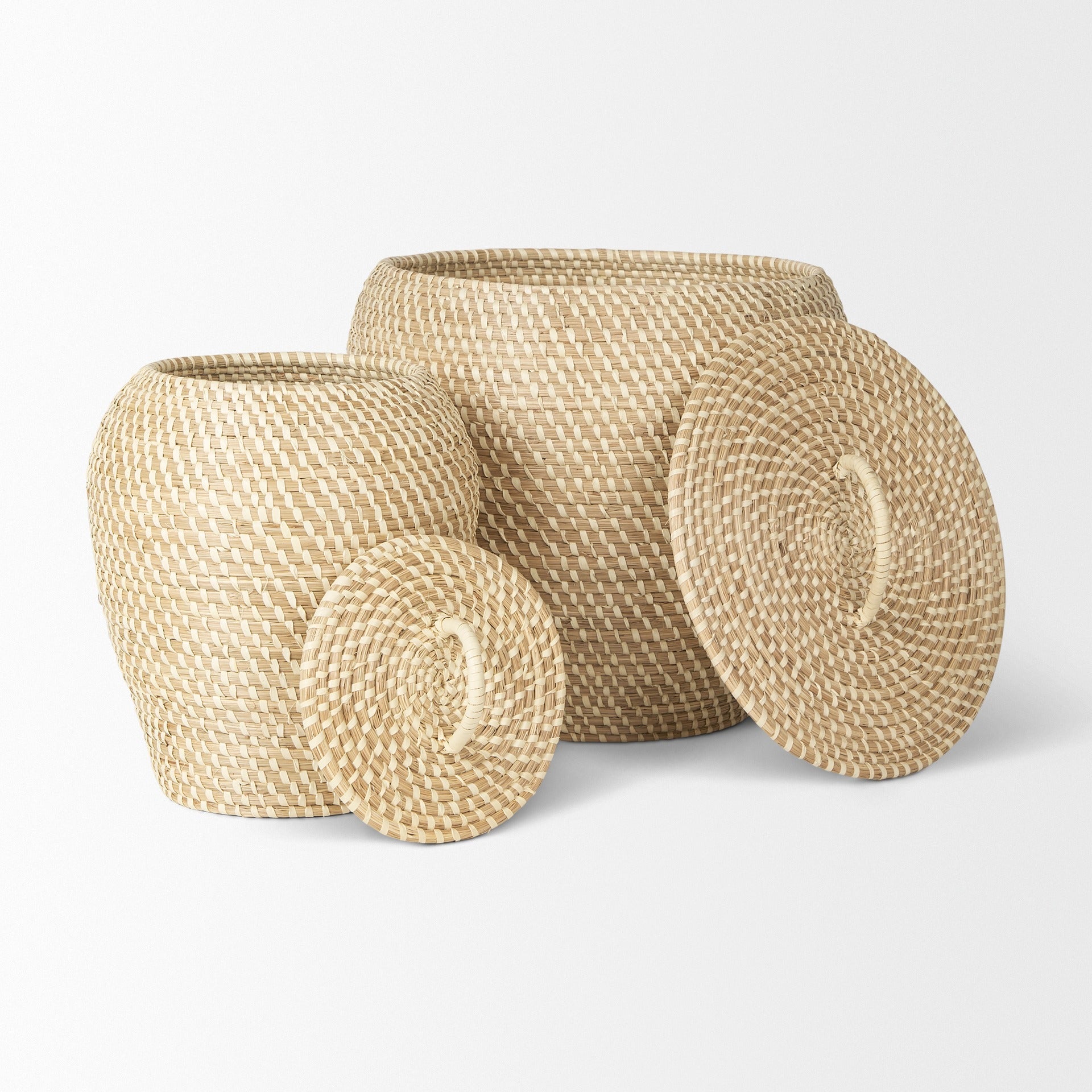 Kalopa Set of 2 Seagrass Floor Baskets w/ Flat Handled Lid - Dekor Butik