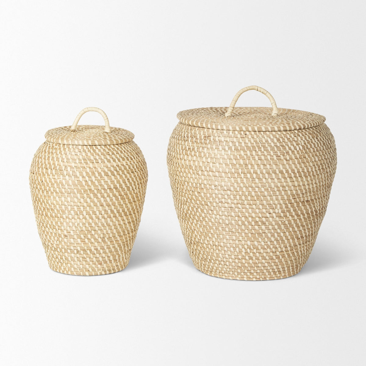 Kalopa Set of 2 Seagrass Floor Baskets w/ Flat Handled Lid - Dekor Butik