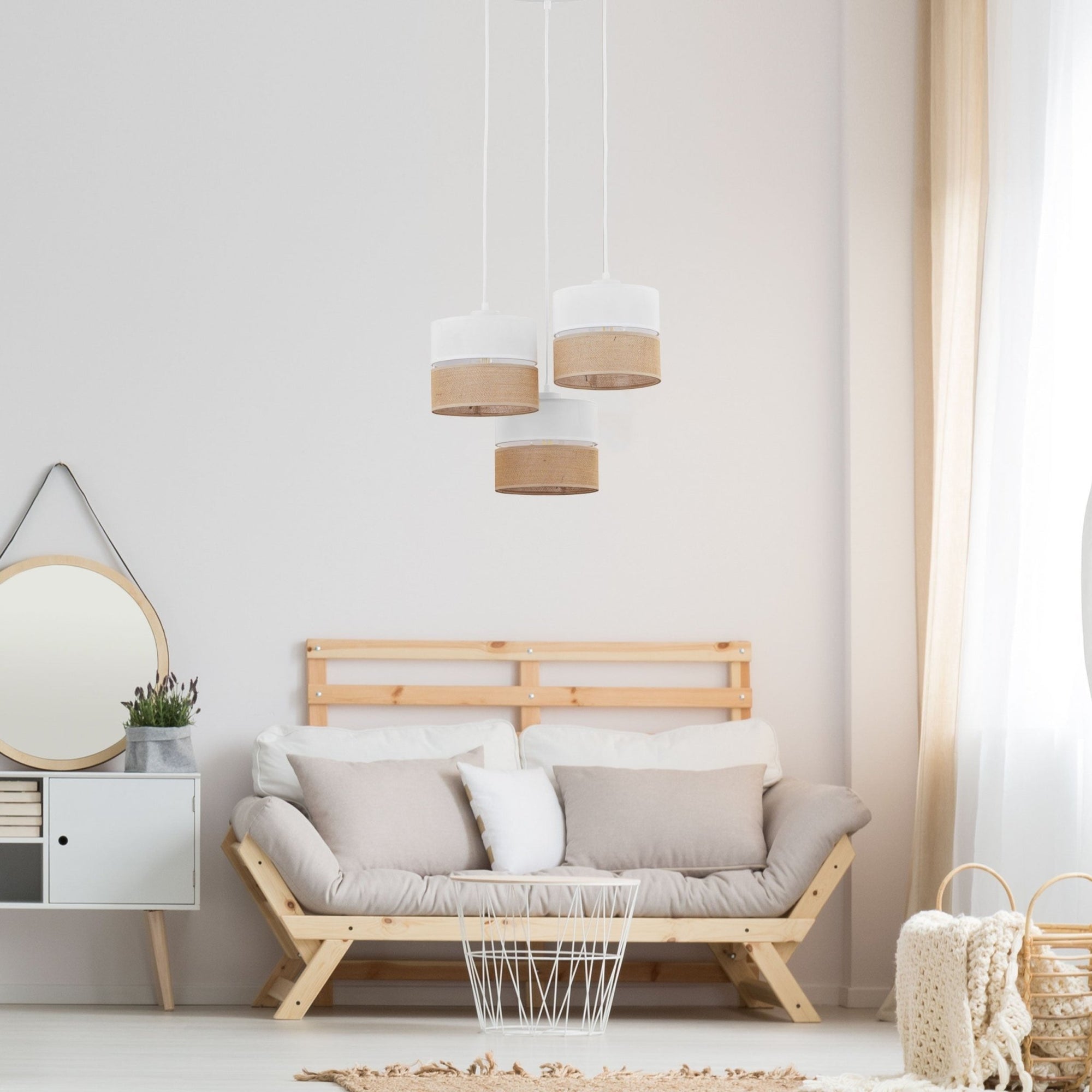 LINOBIANCO 3 - Light Cluster Pendant with Linen & Jute Shades for Dining, Kitchen & Living Room - Dekor Butik
