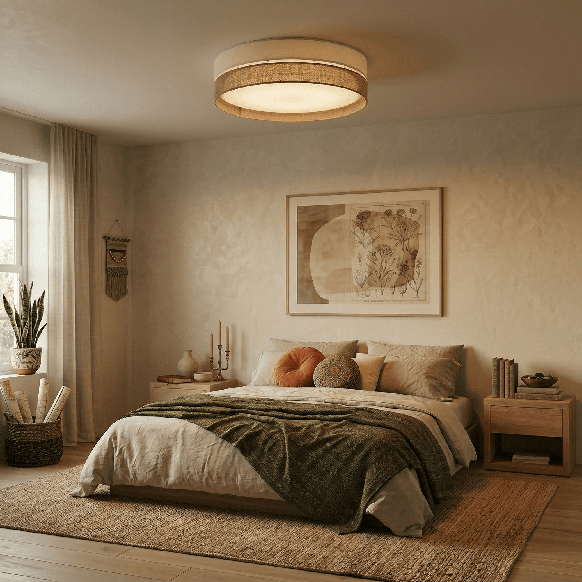 Linobianco Natural Linen Scandinavian Flush Mount Ceiling Light for Bedroom, Hallway & Low Ceilings - Dekor Butik