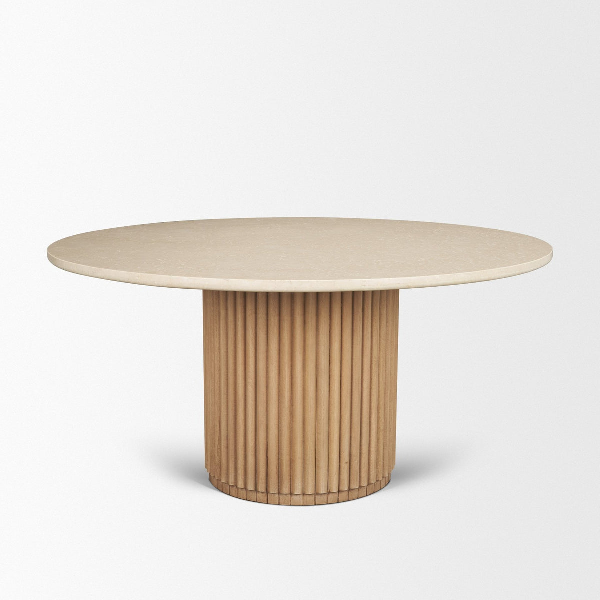 Marbrello 60" Botticino Marble Top Light Brown Fluted Wood Round Dining Table - Dekor Butik