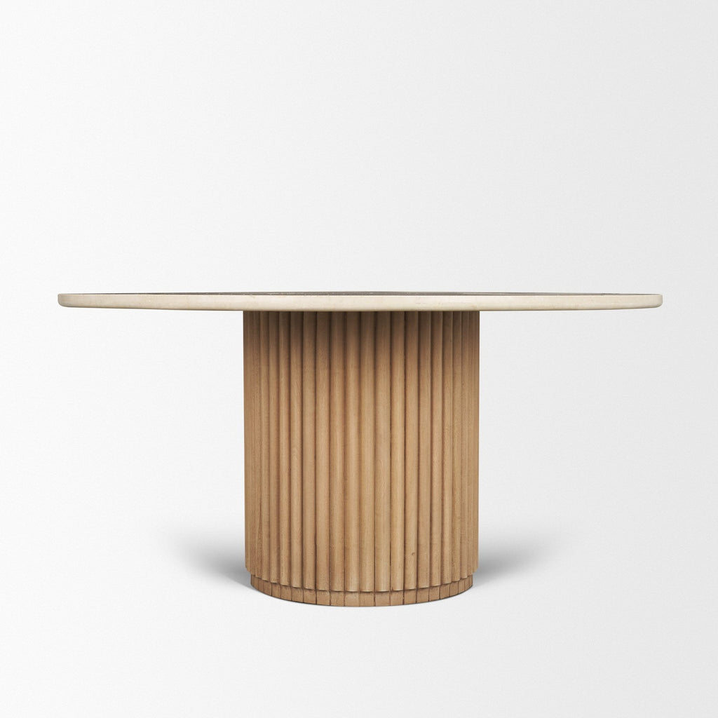 Marbrello 60" Botticino Marble Top Light Brown Fluted Wood Round Dining Table - Dekor Butik