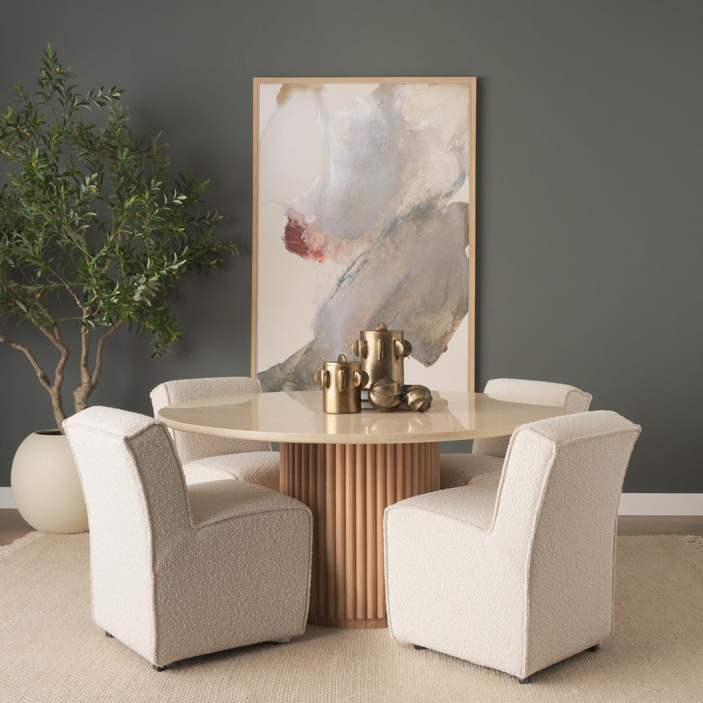 Marbrello 60" Botticino Marble Top Light Brown Fluted Wood Round Dining Table - Dekor Butik