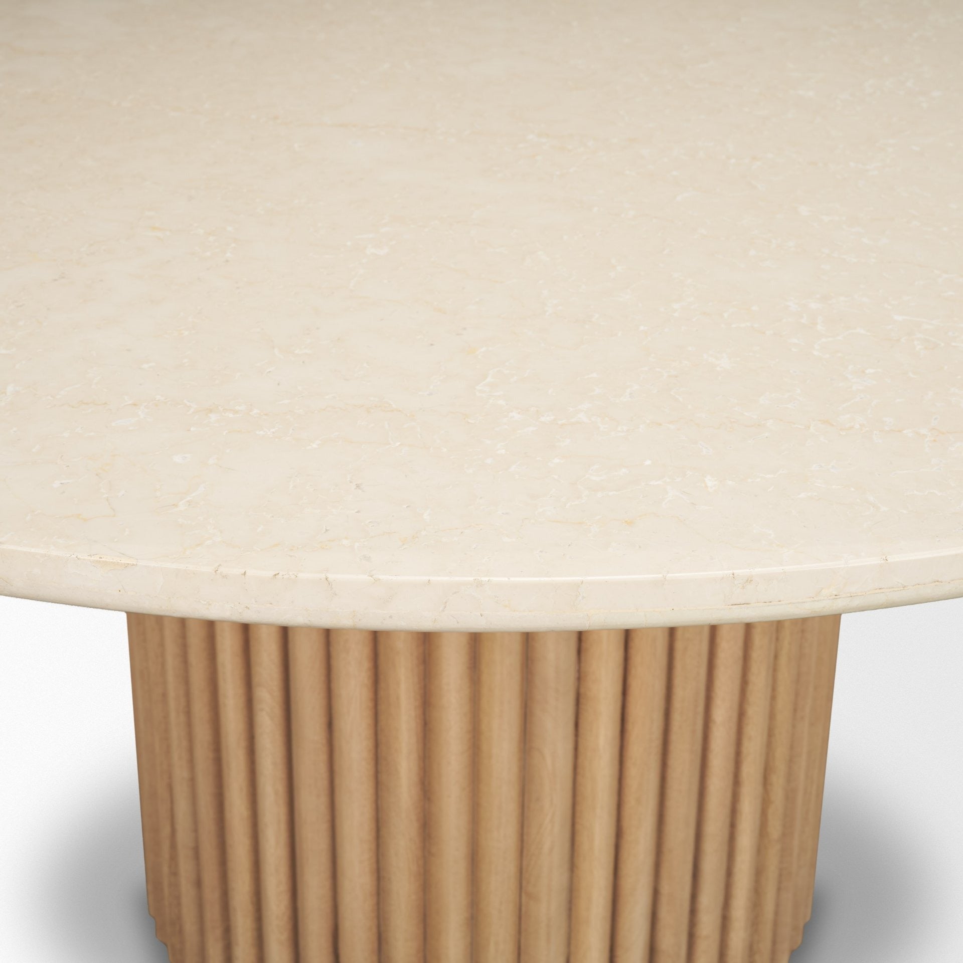 Marbrello 60" Botticino Marble Top Light Brown Fluted Wood Round Dining Table - Dekor Butik