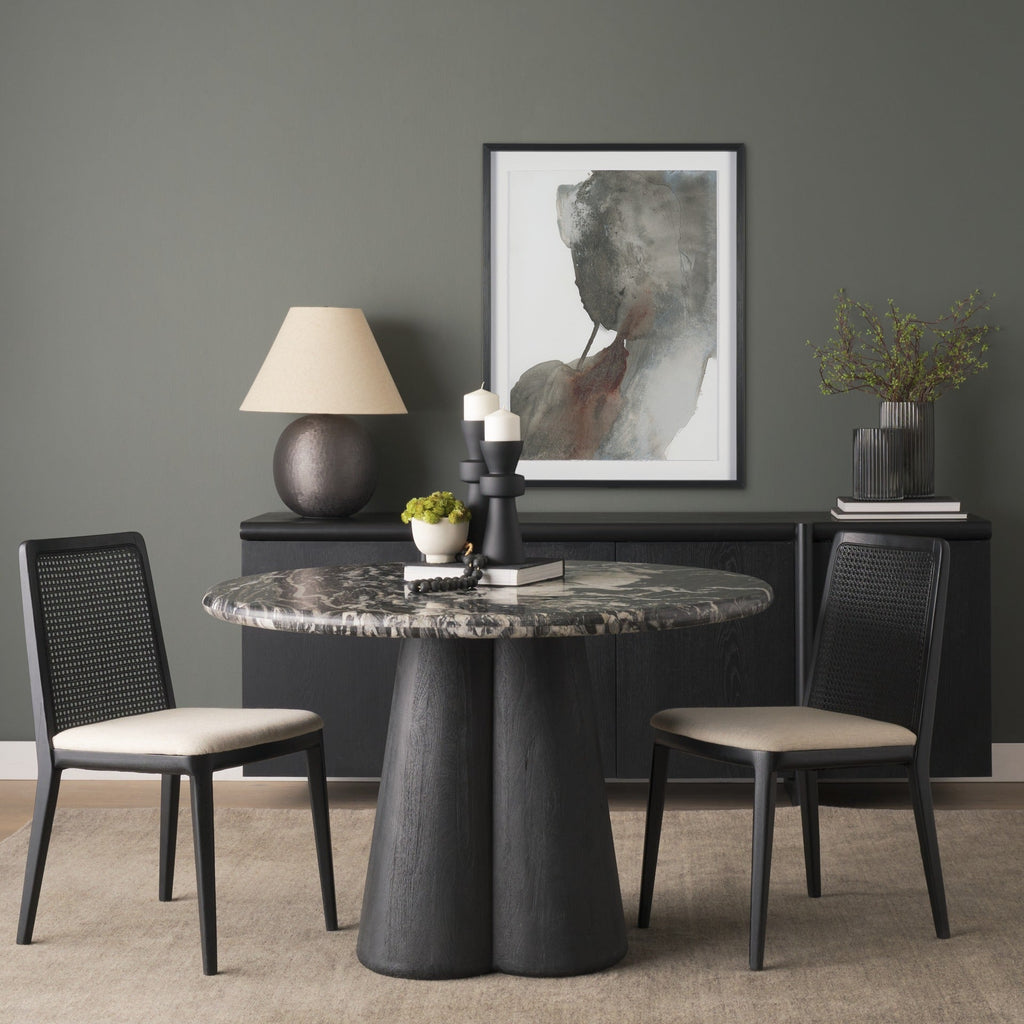 Marilyn Black Forest Marble Black Wood Pedestal Round Dining Table - Dekor Butik