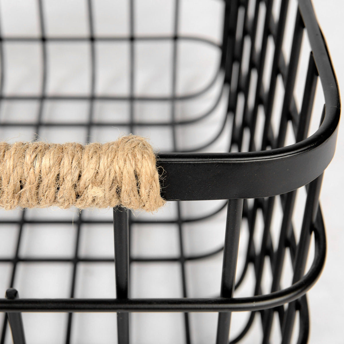 Marius 20.9L x 15.2W x 12.2 Set of Two Matte Black Metal W/ Rope Trim Rectangular Baskets - Dekor Butik
