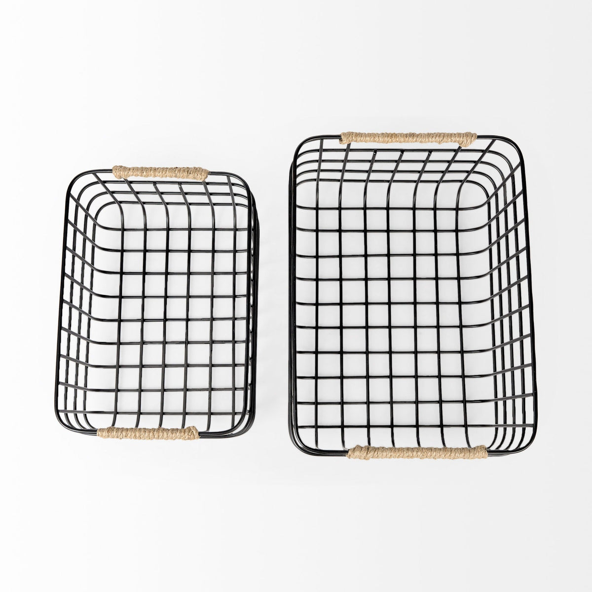 Marius 20.9L x 15.2W x 12.2 Set of Two Matte Black Metal W/ Rope Trim Rectangular Baskets - Dekor Butik