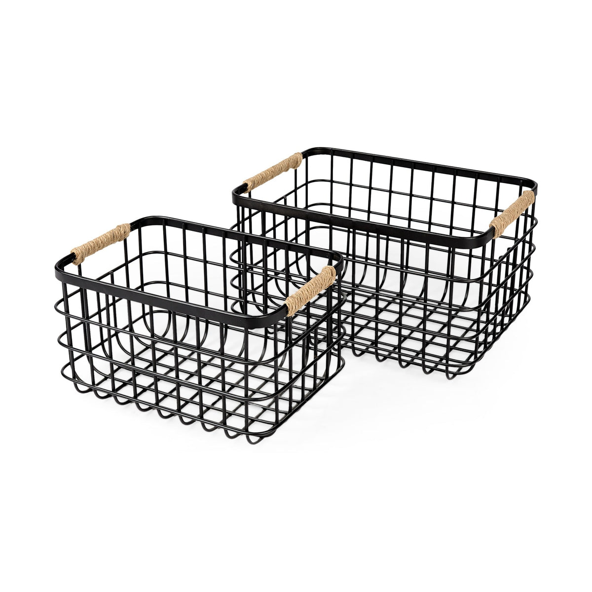 Marius 20.9L x 15.2W x 12.2 Set of Two Matte Black Metal W/ Rope Trim Rectangular Baskets - Dekor Butik