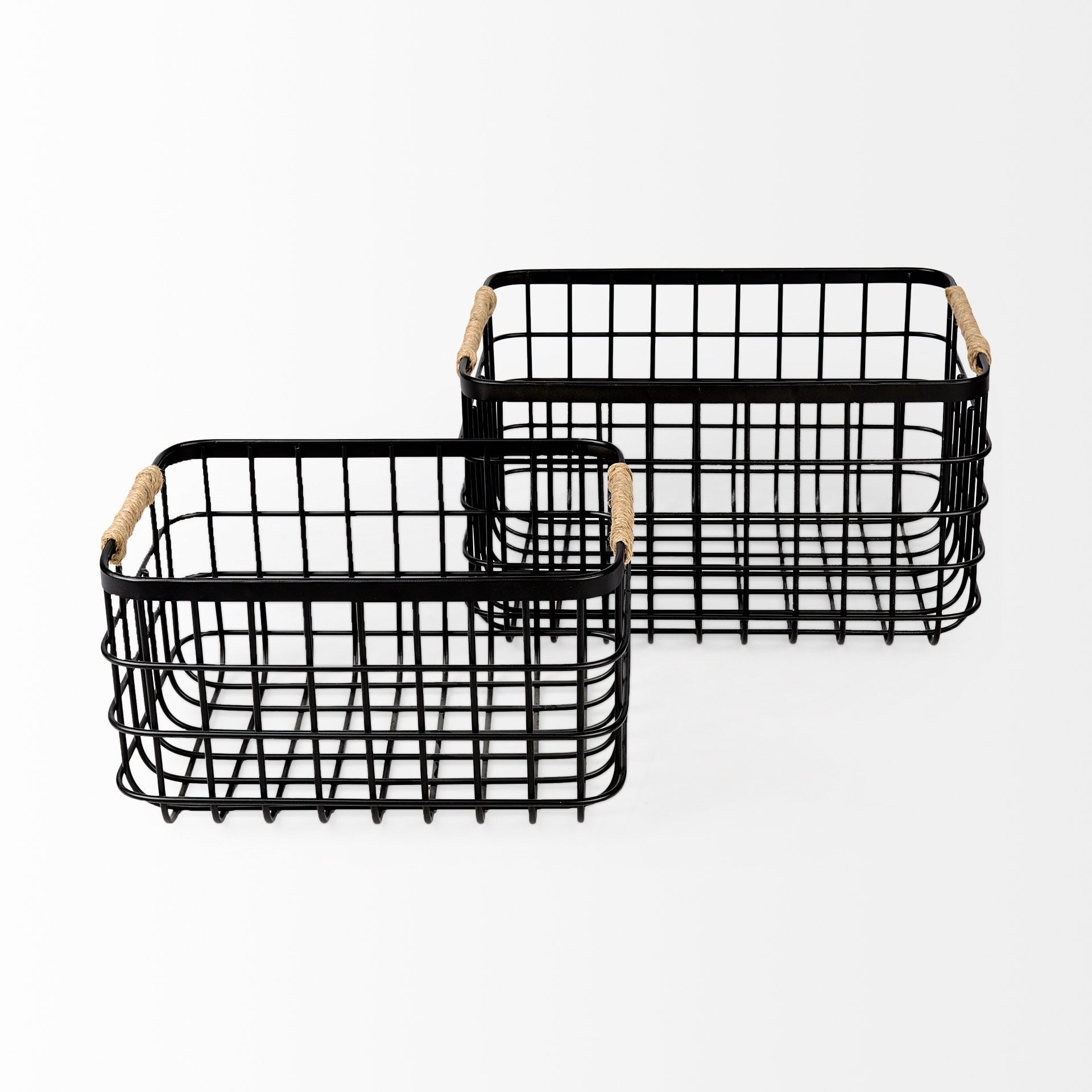Marius 20.9L x 15.2W x 12.2 Set of Two Matte Black Metal W/ Rope Trim Rectangular Baskets - Dekor Butik