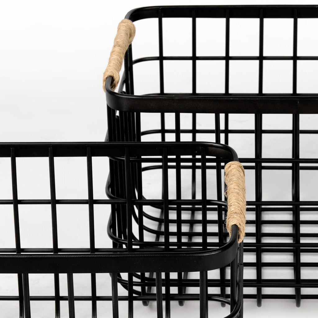 Marius 20.9L x 15.2W x 12.2 Set of Two Matte Black Metal W/ Rope Trim Rectangular Baskets - Dekor Butik