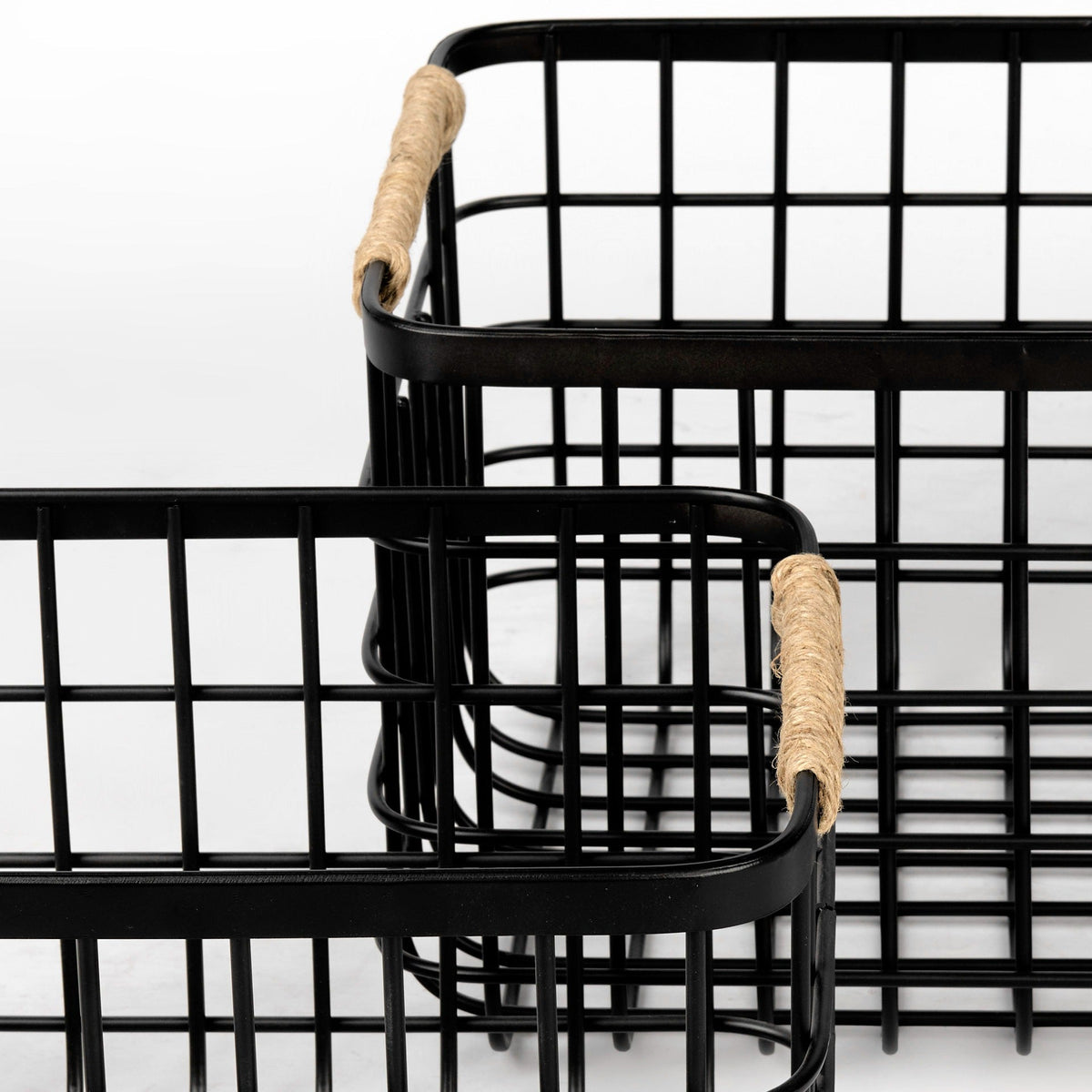 Marius 20.9L x 15.2W x 12.2 Set of Two Matte Black Metal W/ Rope Trim Rectangular Baskets - Dekor Butik