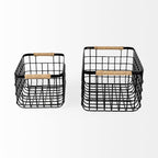 Marius 20.9L x 15.2W x 12.2 Set of Two Matte Black Metal W/ Rope Trim Rectangular Baskets - Dekor Butik